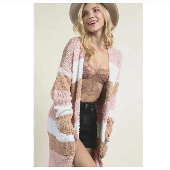 NEW Long Popcorn Texture Colorblock Pocket Cardigan S/ML - Picture 2 of 8